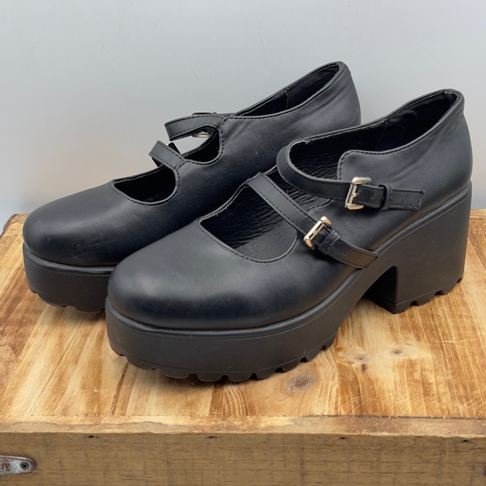 Mary Jane Black Platform Double Strap Lug Sole Y2K US8 EU39 Chunky Heel Goth